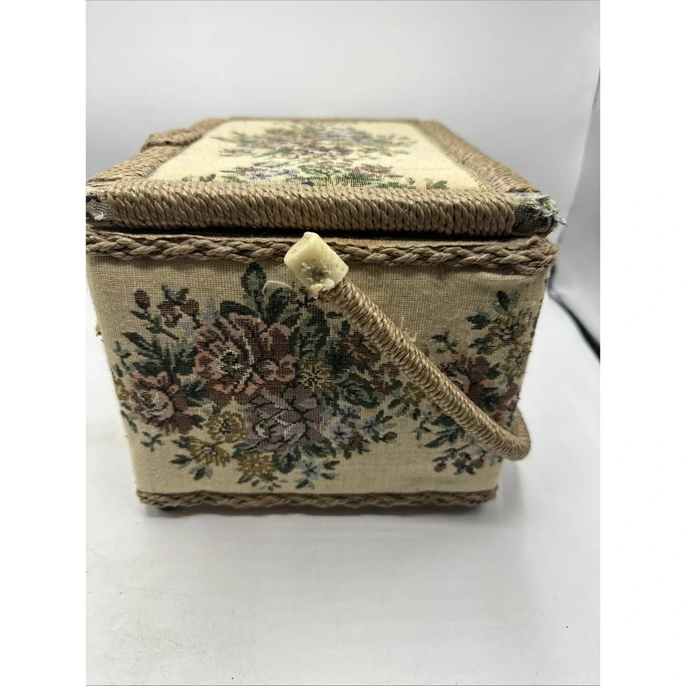 Tapestry Floral Woven  Sewing Basket Box Azar Made In Taiwan  Vintage